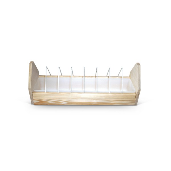 Wooden feeder with divider and plastic bowl